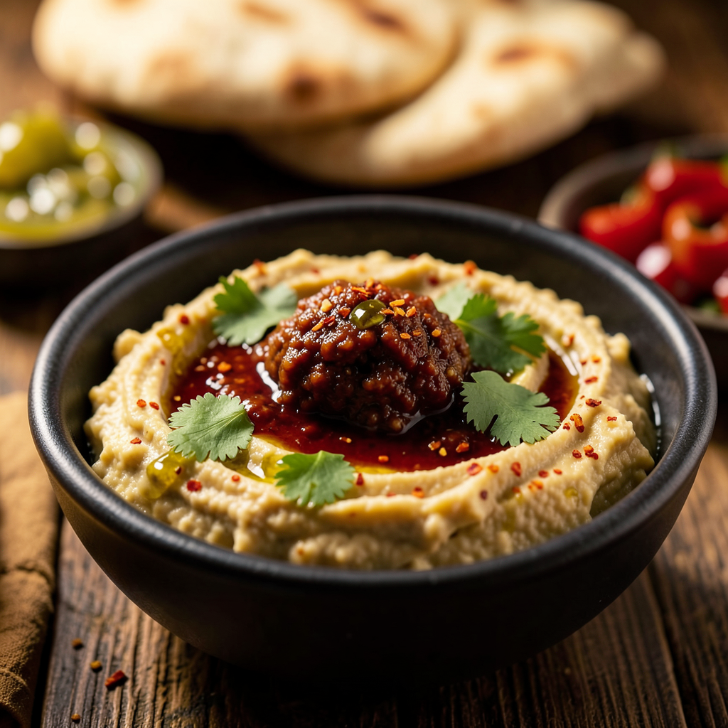 Spicy harissa hummus topped with chili oil and herbs.