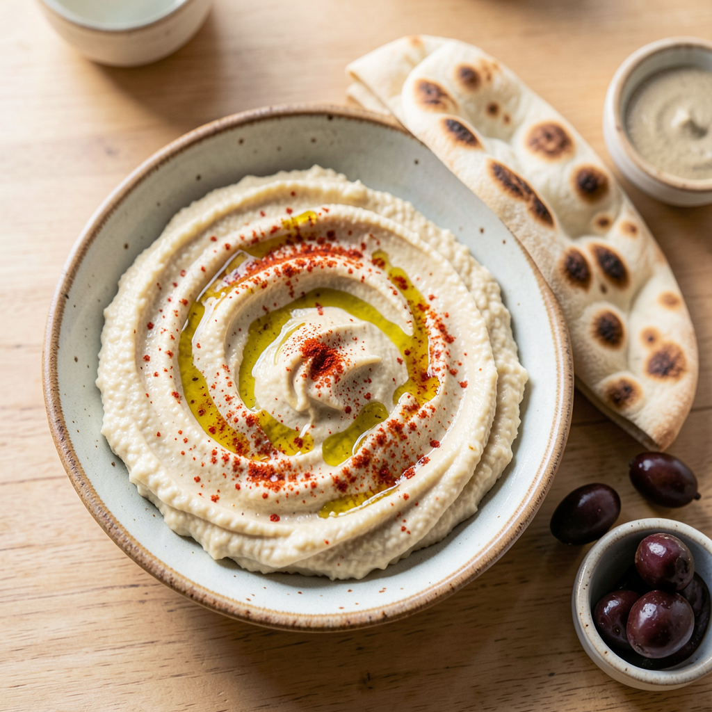 A freshly plated hummus bowl drizzled with olive oil, sprinkled with paprika, and served with warm pita.