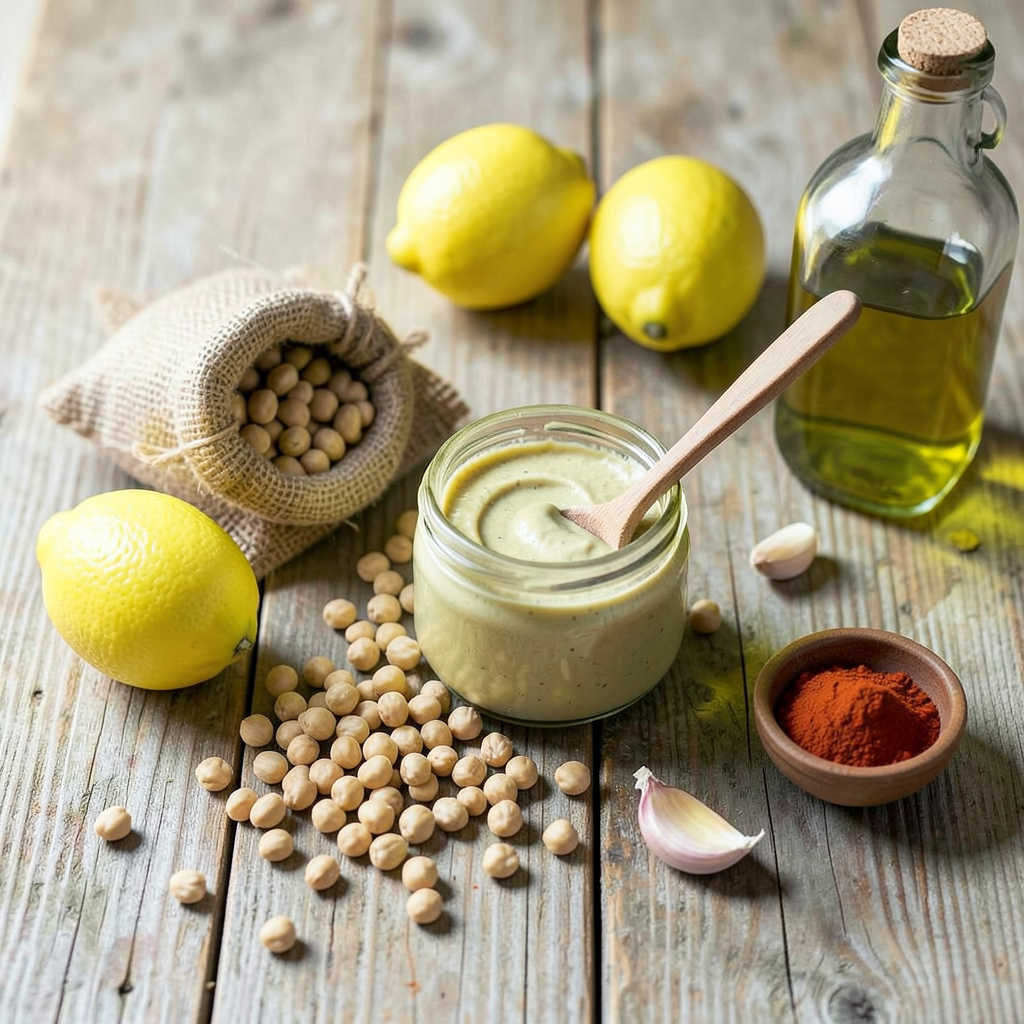 Dried chickpeas, premium tahini, fresh lemons, and olive oil arranged on a wooden kitchen table.