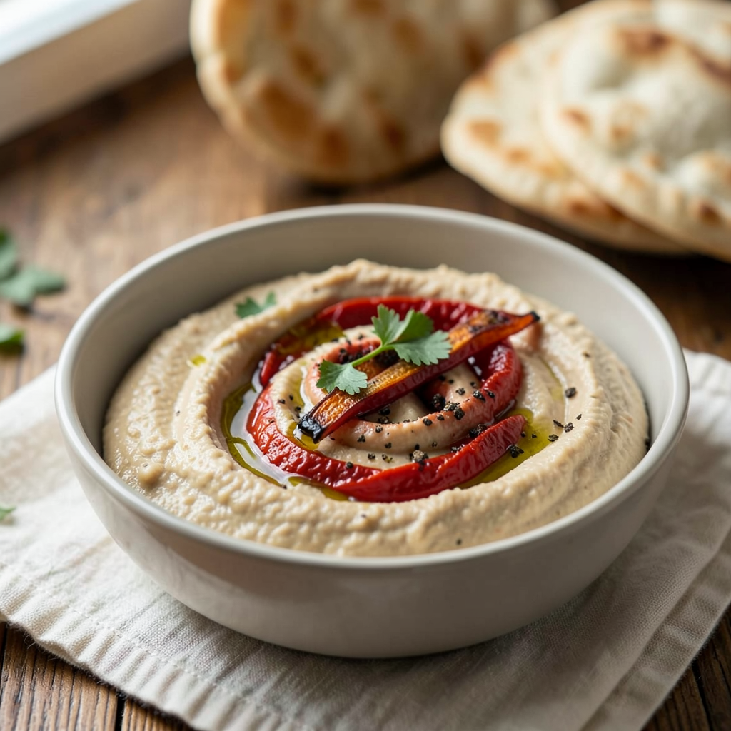 Roasted red pepper hummus with a smoky-sweet swirl.